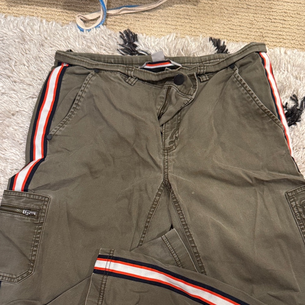 Athleta Olive Cargo Pants with Red and White Stripes